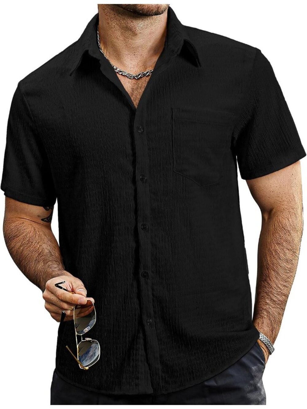 Men's Black Short Sleeve Collared Button Down Summer Beach Shirt with Pocket
